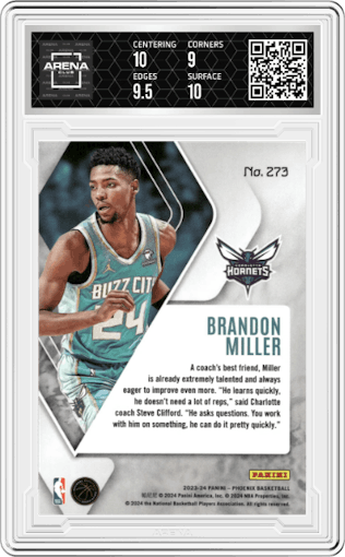 Brandon Miller from the 2023-24 Panini Phoenix set featuring a Dream Weaver parallel graded by Arena Club and given an overall grade of 9.5.