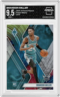 Brandon Miller from the 2023-24 Panini Phoenix set featuring a Dream Weaver parallel graded by Arena Club and given an overall grade of 9.5.