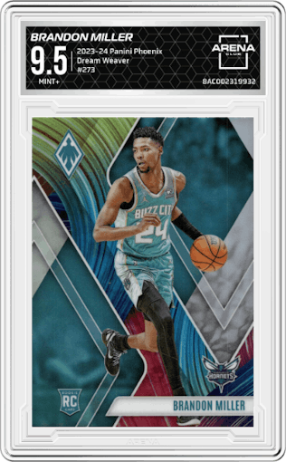 Brandon Miller from the 2023-24 Panini Phoenix set featuring a Dream Weaver parallel graded by Arena Club and given an overall grade of 9.5.