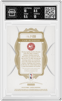Cam Reddish from the 2019-20 Panini Flawless set featuring a Ruby parallel graded by Arena Club and given an overall grade of 9.