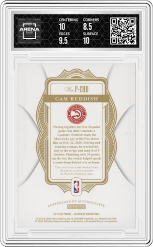 Cam Reddish from the 2019-20 Panini Flawless set featuring a Ruby parallel graded by Arena Club and given an overall grade of 9.