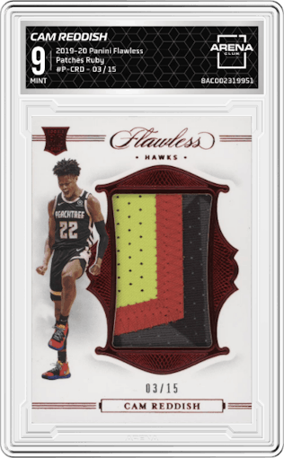 Cam Reddish from the 2019-20 Panini Flawless set featuring a Ruby parallel graded by Arena Club and given an overall grade of 9.