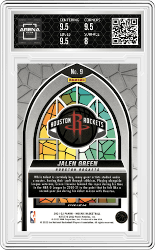 Jalen Green from the 2021-22 Panini Mosaic  set graded by Arena Club and given an overall grade of 8.5.