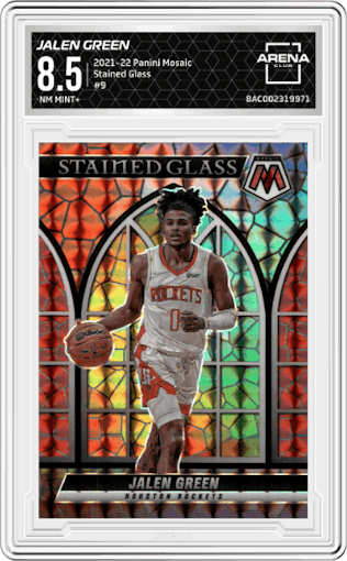 Jalen Green from the 2021-22 Panini Mosaic  set graded by Arena Club and given an overall grade of 8.5.