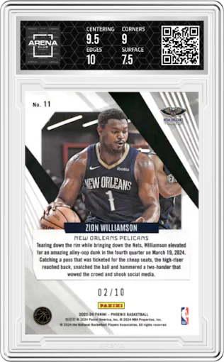 Zion Williamson from the 2023-24 Panini Phoenix set featuring a Gold International parallel graded by Arena Club and given an overall grade of 8.