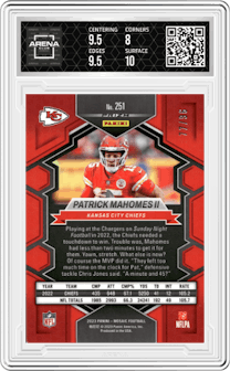 Patrick Mahomes II from the 2023 Panini Mosaic set featuring a Blue Sparkle parallel graded by Arena Club and given an overall grade of 8.5.