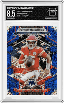 Patrick Mahomes II from the 2023 Panini Mosaic set featuring a Blue Sparkle parallel graded by Arena Club and given an overall grade of 8.5.