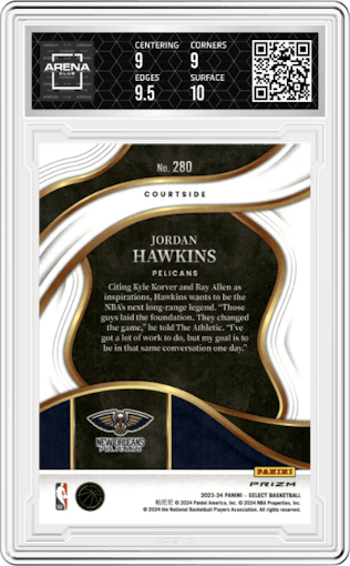 Jordan Hawkins from the 2023-24 Panini Select  set featuring a Tiger parallel graded by Arena Club and given an overall grade of 9.5.