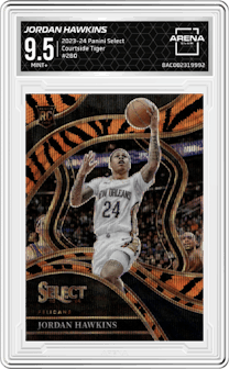 Jordan Hawkins from the 2023-24 Panini Select  set featuring a Tiger parallel graded by Arena Club and given an overall grade of 9.5.