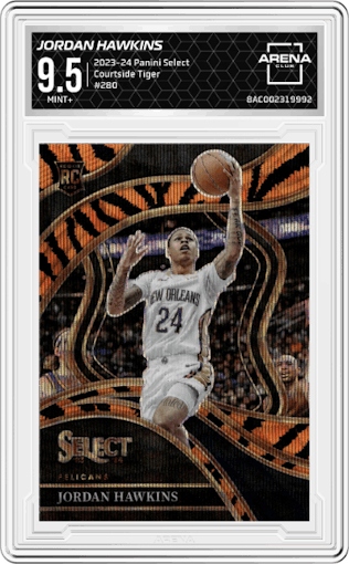 Jordan Hawkins from the 2023-24 Panini Select  set featuring a Tiger parallel graded by Arena Club and given an overall grade of 9.5.