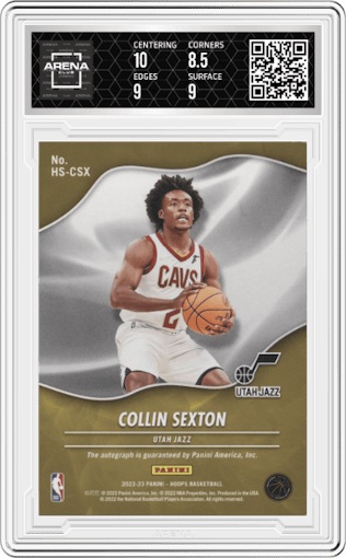 Collin Sexton from the 2022-23 Panini NBA Hoops set graded by Arena Club and given an overall grade of 9.