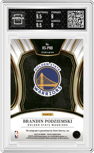 Brandin Podziemski from the 2023-24 Panini Select  set featuring a Neon Purple Pulsar Prizms FOTL parallel graded by Arena Club and given an overall grade of 9.5.
