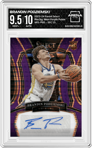 Brandin Podziemski from the 2023-24 Panini Select  set featuring a Neon Purple Pulsar Prizms FOTL parallel graded by Arena Club and given an overall grade of 9.5.