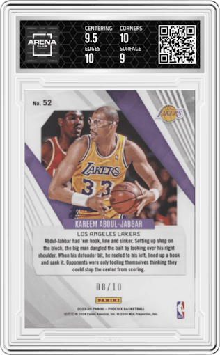 Kareem Abdul-Jabbar from the 2023-24 Panini Phoenix set featuring a Gold parallel graded by Arena Club and given an overall grade of 9.5.