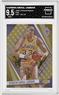 Kareem Abdul-Jabbar from the 2023-24 Panini Phoenix set featuring a Gold parallel graded by Arena Club and given an overall grade of 9.5.