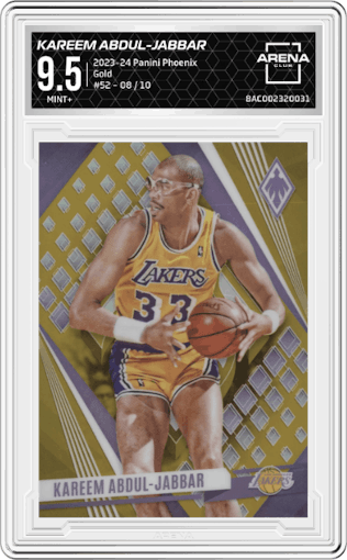 Kareem Abdul-Jabbar from the 2023-24 Panini Phoenix set featuring a Gold parallel graded by Arena Club and given an overall grade of 9.5.