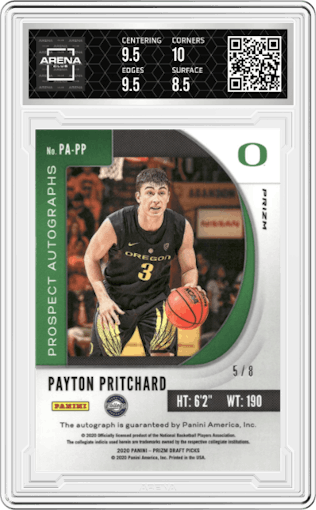 Payton Pritchard from the 2020-21 Panini Prizm Draft Picks set featuring a Choice Green  parallel graded by Arena Club and given an overall grade of 9.