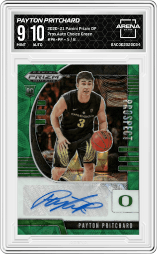 Payton Pritchard from the 2020-21 Panini Prizm Draft Picks set featuring a Choice Green  parallel graded by Arena Club and given an overall grade of 9.