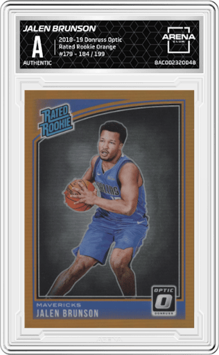 Jalen Brunson from the 2018-19 Panini Donruss Optic set featuring a Orange parallel graded by Arena Club.