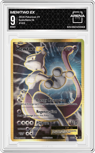 Mewtwo EX from the 2016 Pokemon XY set graded by Arena Club and given an overall grade of 9.