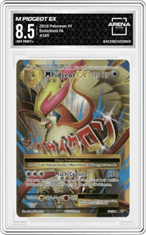 M Pidgeot EX from the 2016 Pokemon XY set graded by Arena Club and given an overall grade of 8.5.