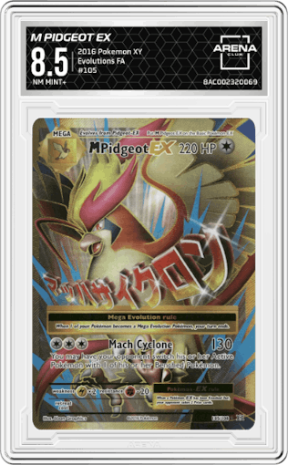 M Pidgeot EX from the 2016 Pokemon XY set graded by Arena Club and given an overall grade of 8.5.