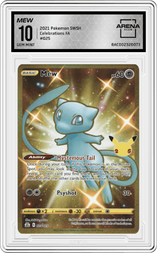 Mew from the 2021 Pokemon SWSH set graded by Arena Club and given an overall grade of 10.