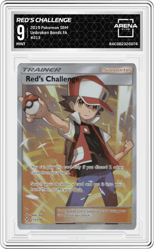 Red's Challenge from the 2019 Pokemon S&M  set graded by Arena Club and given an overall grade of 9.