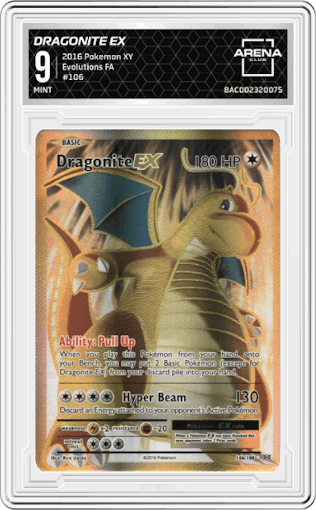 Dragonite EX from the 2016 Pokemon XY set graded by Arena Club and given an overall grade of 9.
