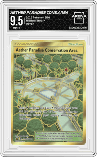 Aether Paradise Conservation Area from the 2019 Pokemon S&M  set graded by Arena Club and given an overall grade of 9.5.