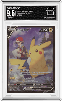 Pikachu V from the 2022 Pokemon SWSH set graded by Arena Club and given an overall grade of 9.5.