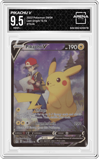 Pikachu V from the 2022 Pokemon SWSH set graded by Arena Club and given an overall grade of 9.5.