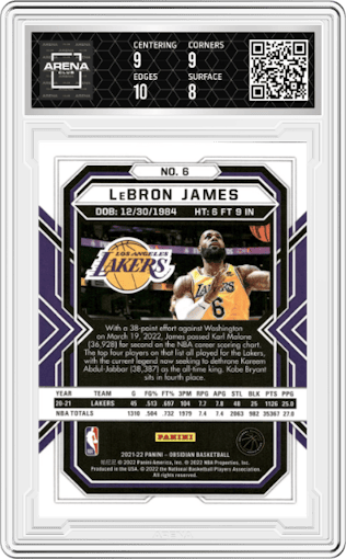 LeBron James from the 2021-22 Panini Obsidian set featuring a Electric Etch White Pulsar parallel graded by Arena Club and given an overall grade of 8.5.