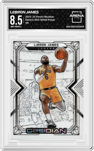 LeBron James from the 2021-22 Panini Obsidian set featuring a Electric Etch White Pulsar parallel graded by Arena Club and given an overall grade of 8.5.