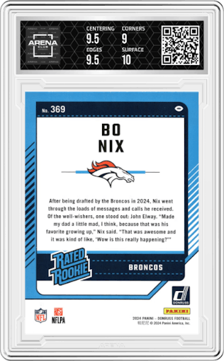 Bo Nix from the 2024 Donruss set featuring a Press Proof Green parallel graded by Arena Club and given an overall grade of 9.5.