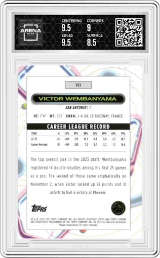 Victor Wembanyama from the 2023-24 Topps Chrome Cosmic set graded by Arena Club and given an overall grade of 9.