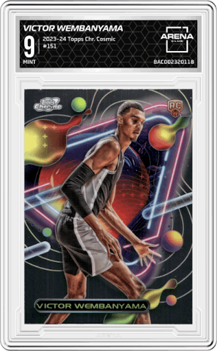 Victor Wembanyama from the 2023-24 Topps Chrome Cosmic set graded by Arena Club and given an overall grade of 9.