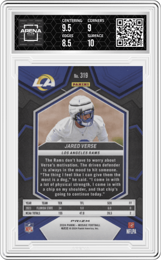 Jared Verse from the 2024 Panini Mosaic set featuring a Genesis parallel graded by Arena Club and given an overall grade of 9.