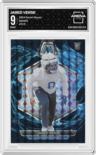 Jared Verse from the 2024 Panini Mosaic set featuring a Genesis parallel graded by Arena Club and given an overall grade of 9.