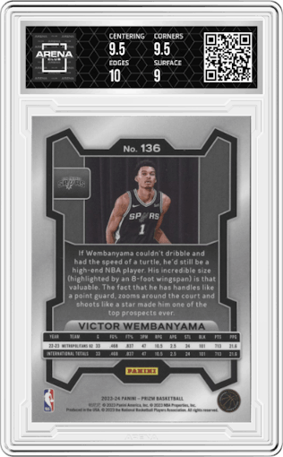 Victor Wembanyama from the 2023-24 Panini Prizm set graded by Arena Club and given an overall grade of 9.5.