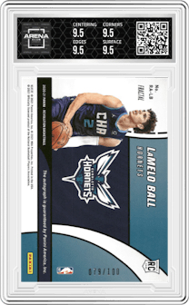 LaMelo Ball from the 2020-21 Panini Revolution set featuring a Fractal parallel graded by Arena Club and given an overall grade of 9.5.