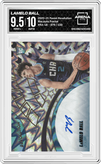 LaMelo Ball from the 2020-21 Panini Revolution set featuring a Fractal parallel graded by Arena Club and given an overall grade of 9.5.