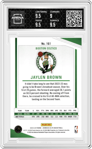 Jaylen Brown from the 2023-24 Panini Donruss Elite set featuring a International Hyper Green  parallel graded by Arena Club and given an overall grade of 9.5.