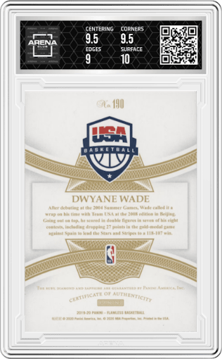 Dwyane Wade from the 2019-20 Panini Flawless set featuring a Bronze FOTL parallel graded by Arena Club and given an overall grade of 9.5.