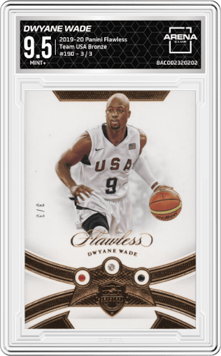 Dwyane Wade from the 2019-20 Panini Flawless set featuring a Bronze FOTL parallel graded by Arena Club and given an overall grade of 9.5.