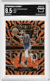Stephen Curry from the 2023-24 Panini Select  set featuring a Tiger parallel graded by Arena Club and given an overall grade of 8.5.