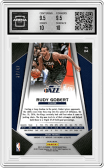 Rudy Gobert from the 2017-18 Panini Prizm  set featuring a Pink Pulsar parallel graded by Arena Club and given an overall grade of 10.