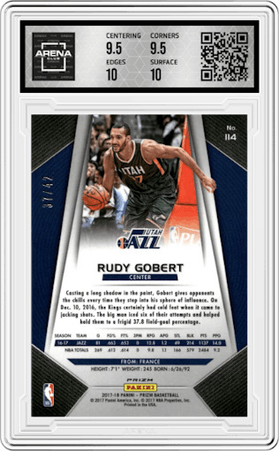Rudy Gobert from the 2017-18 Panini Prizm  set featuring a Pink Pulsar parallel graded by Arena Club and given an overall grade of 10.