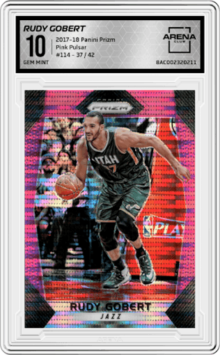 Rudy Gobert from the 2017-18 Panini Prizm  set featuring a Pink Pulsar parallel graded by Arena Club and given an overall grade of 10.