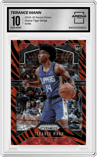 Terance Mann from the 2019-20 Panini Prizm set featuring a Choice Tiger Stripe parallel graded by Arena Club and given an overall grade of 10.